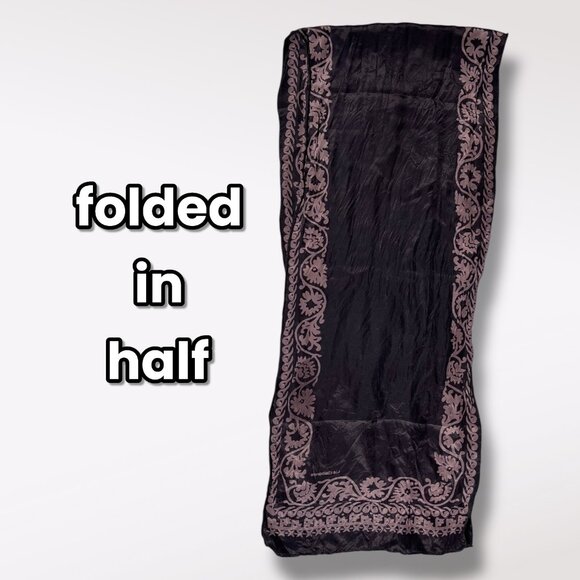 Liz Claiborne Vintage Silk Scarf Black Gray Floral Border 80s 90s Elegant Wrap - Picture 8 of 9